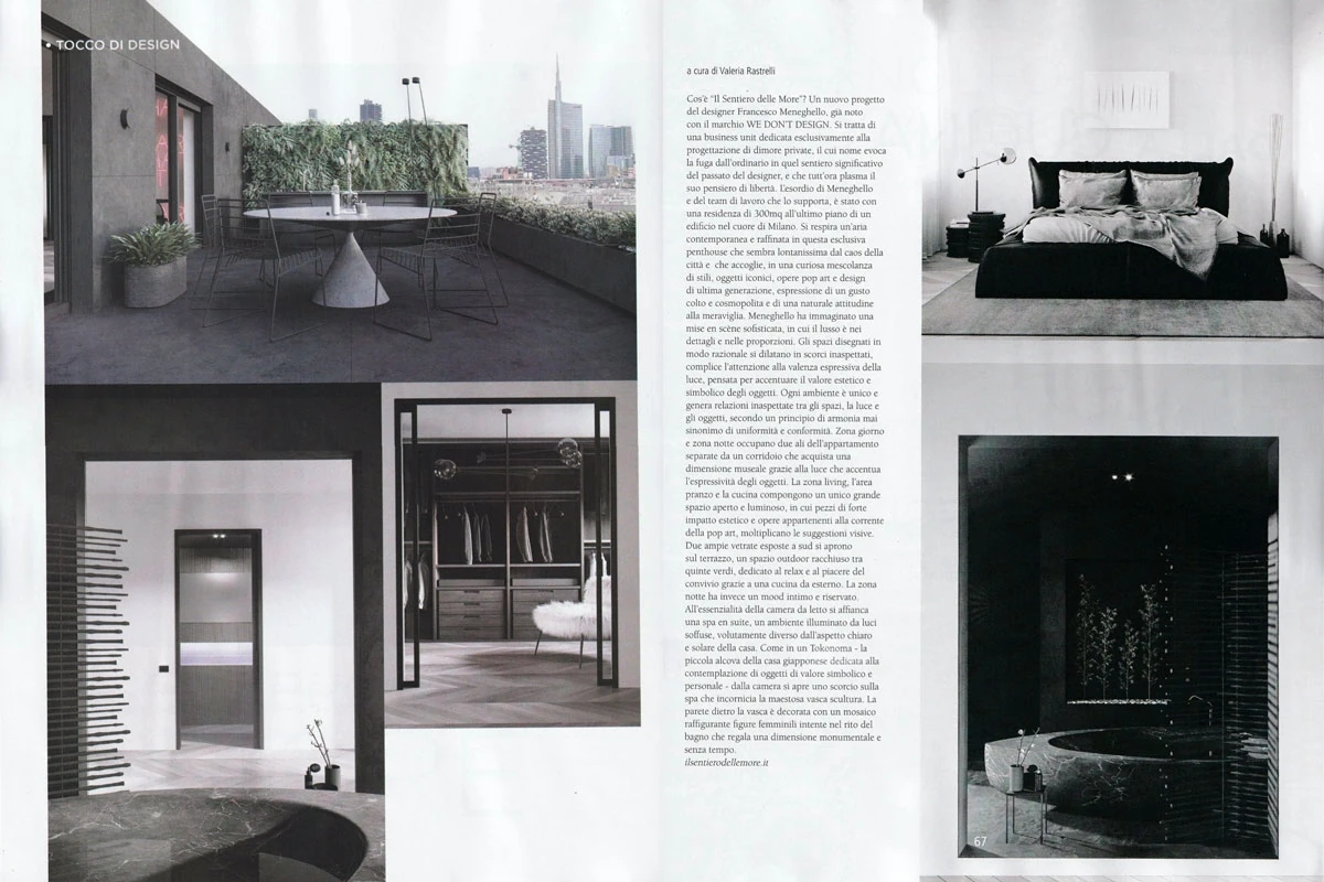 pages from the “Il sentiero delle more” feature showing the terrace, wardrobe, bedroom with black bed and a bathroom with stone bathtub