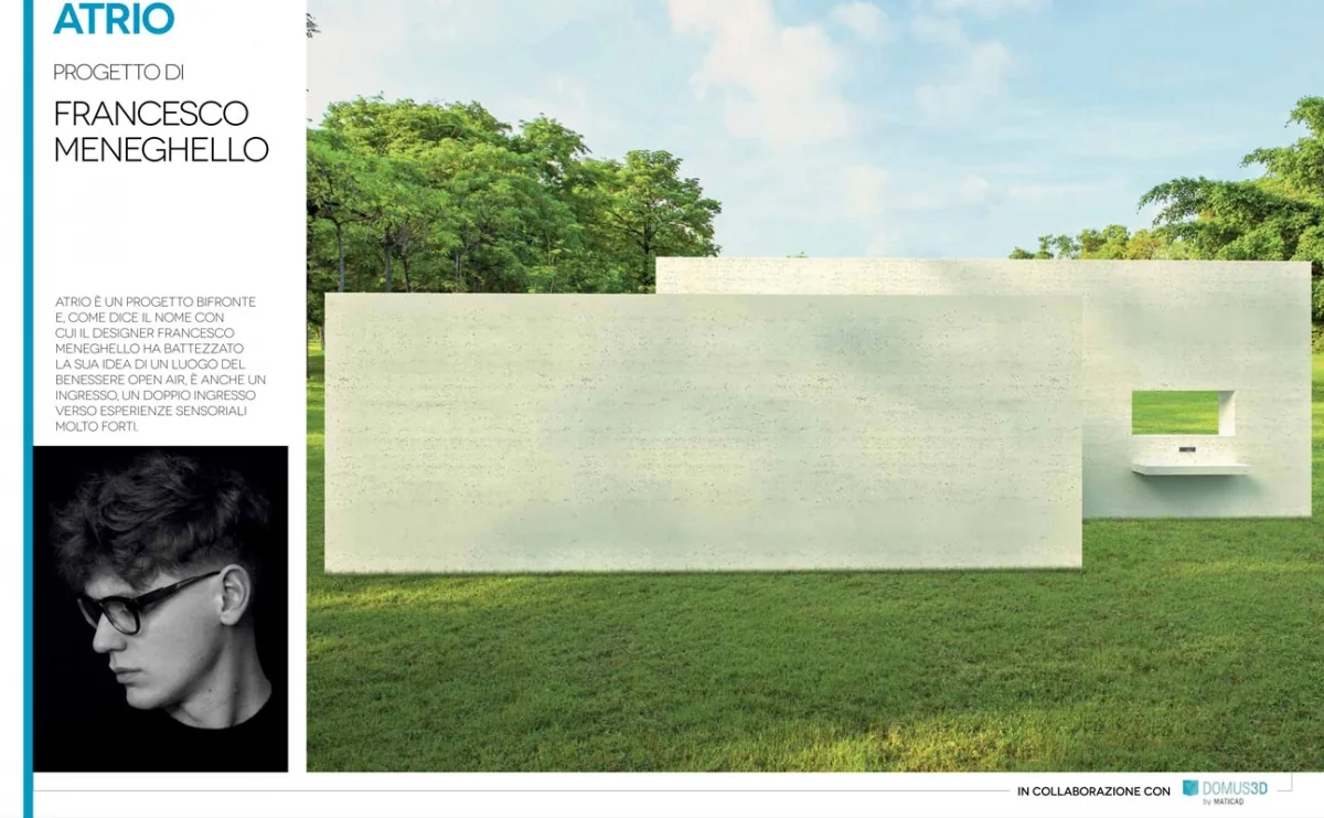 page from Il Bagno Architettura: Atrio project by Francesco Meneghello with portrait and an exterior view with an inset washbasin