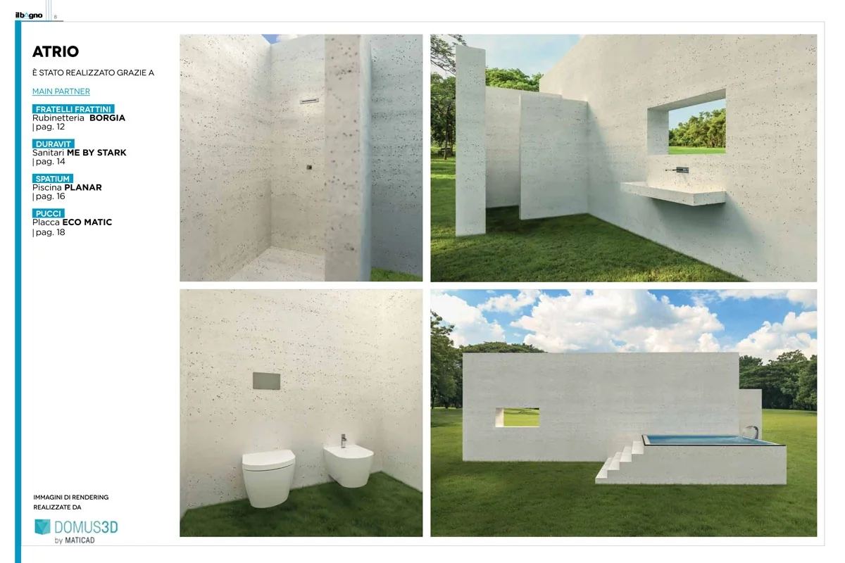 page from Il Bagno Architettura: renderings of the Atrio project with shower, outdoor washbasin, sanitaryware and pool in monolithic volumes