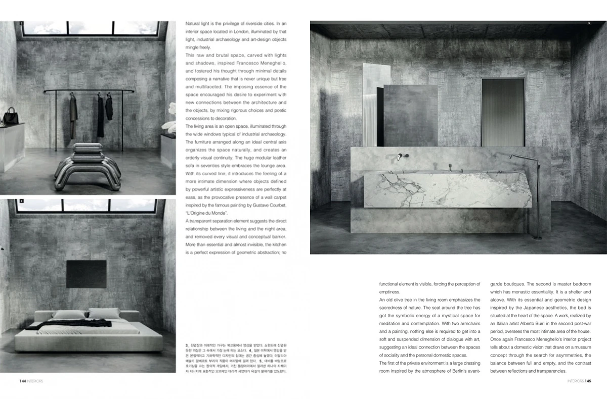page in Interiors Korea September 2022, stone kitchen and dressing area of the industrial loft in London