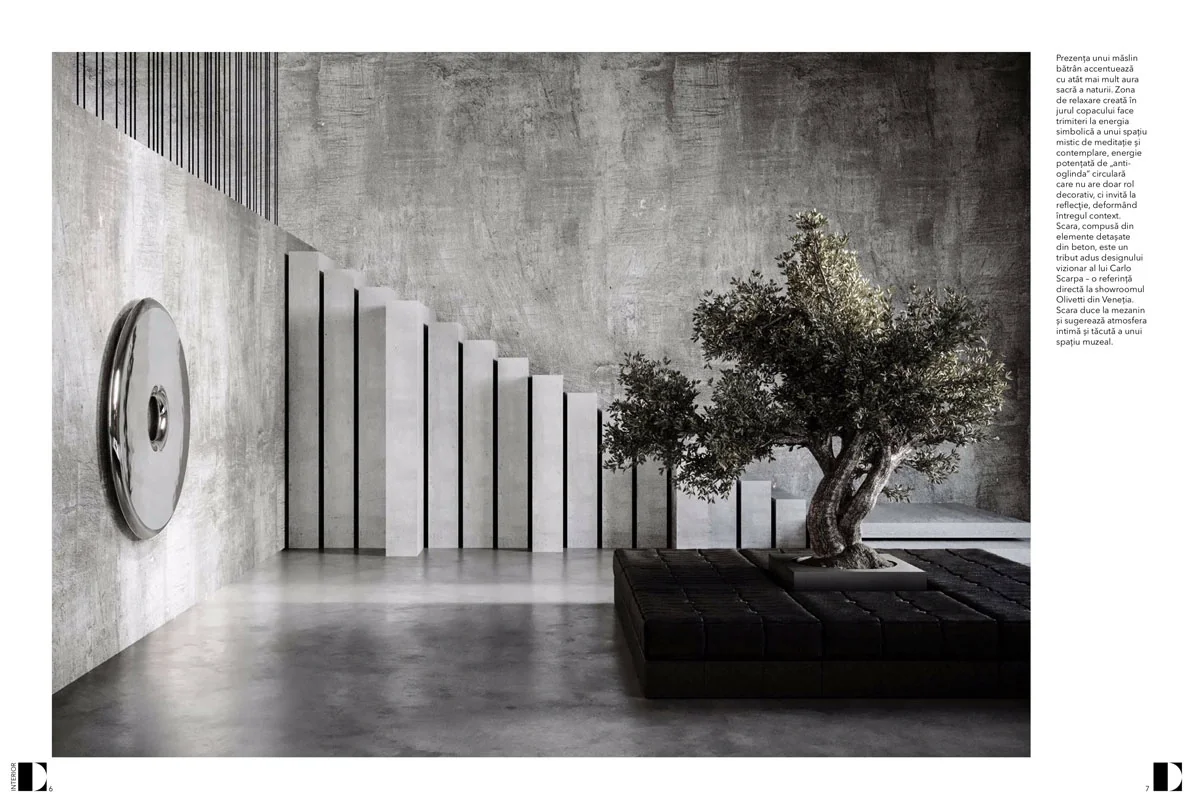 concrete space with white partitions, a sculptural tree and a circular mirror in the industrial loft