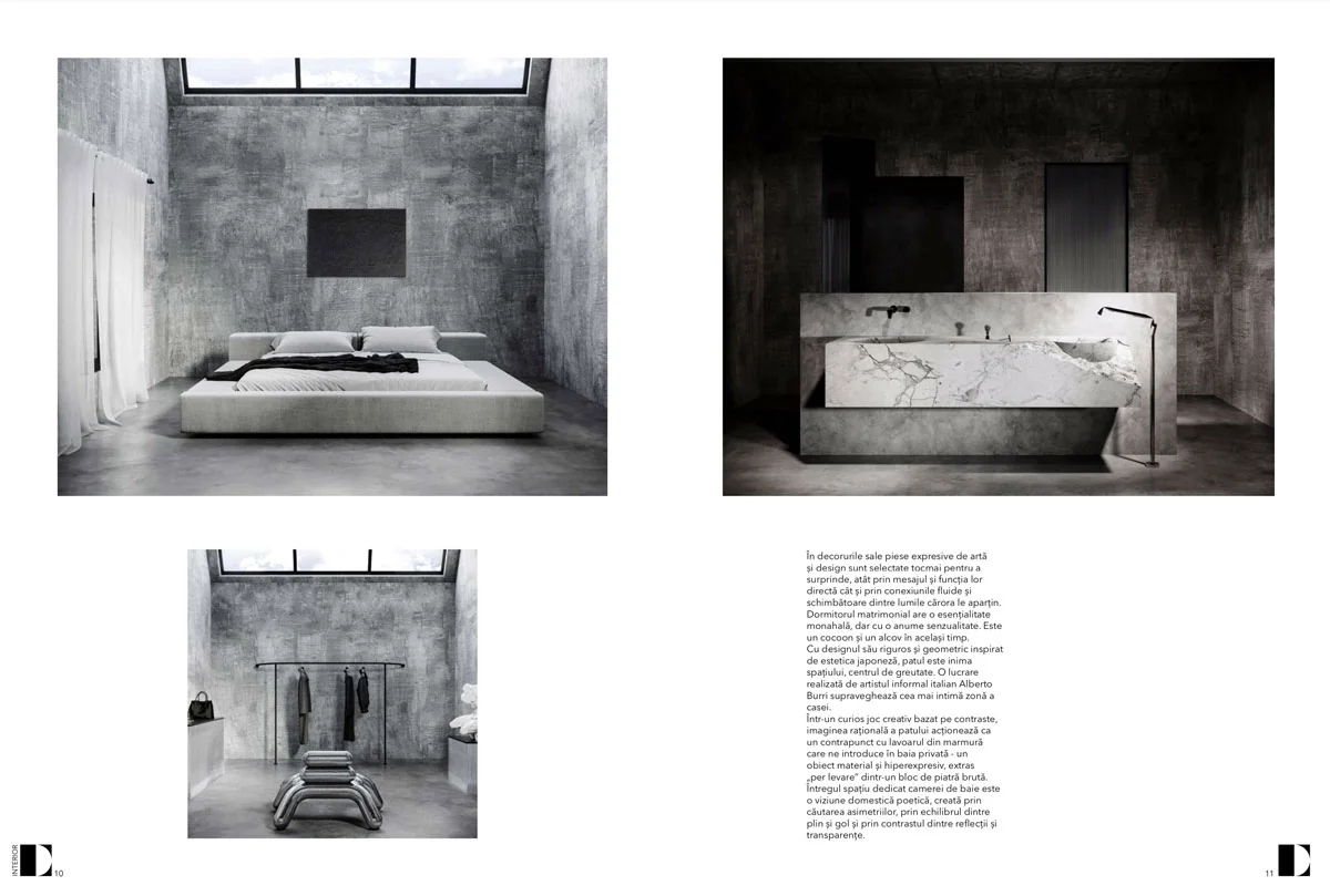 minimal bedroom, marble bathtub and wardrobe area in the London industrial loft