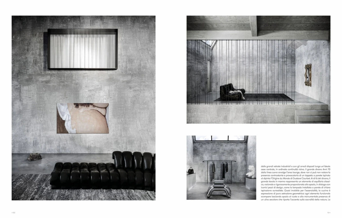 double-page spread from The Book Contract Network September 2022, living room and mezzanine of the industrial loft in London with black sofa and vertical balustrade