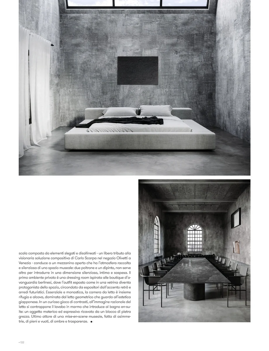 page from The Book Contract Network September 2022, bedroom with skylight and details of the industrial loft in London