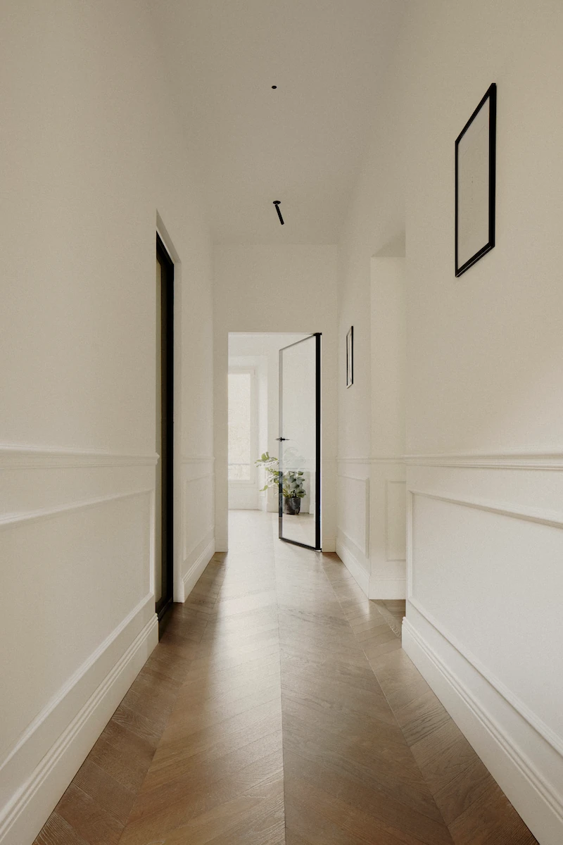 corridoio con quadri moderni alle pareti, porta in vetro moderna e pianta decorativa, dettagli classici