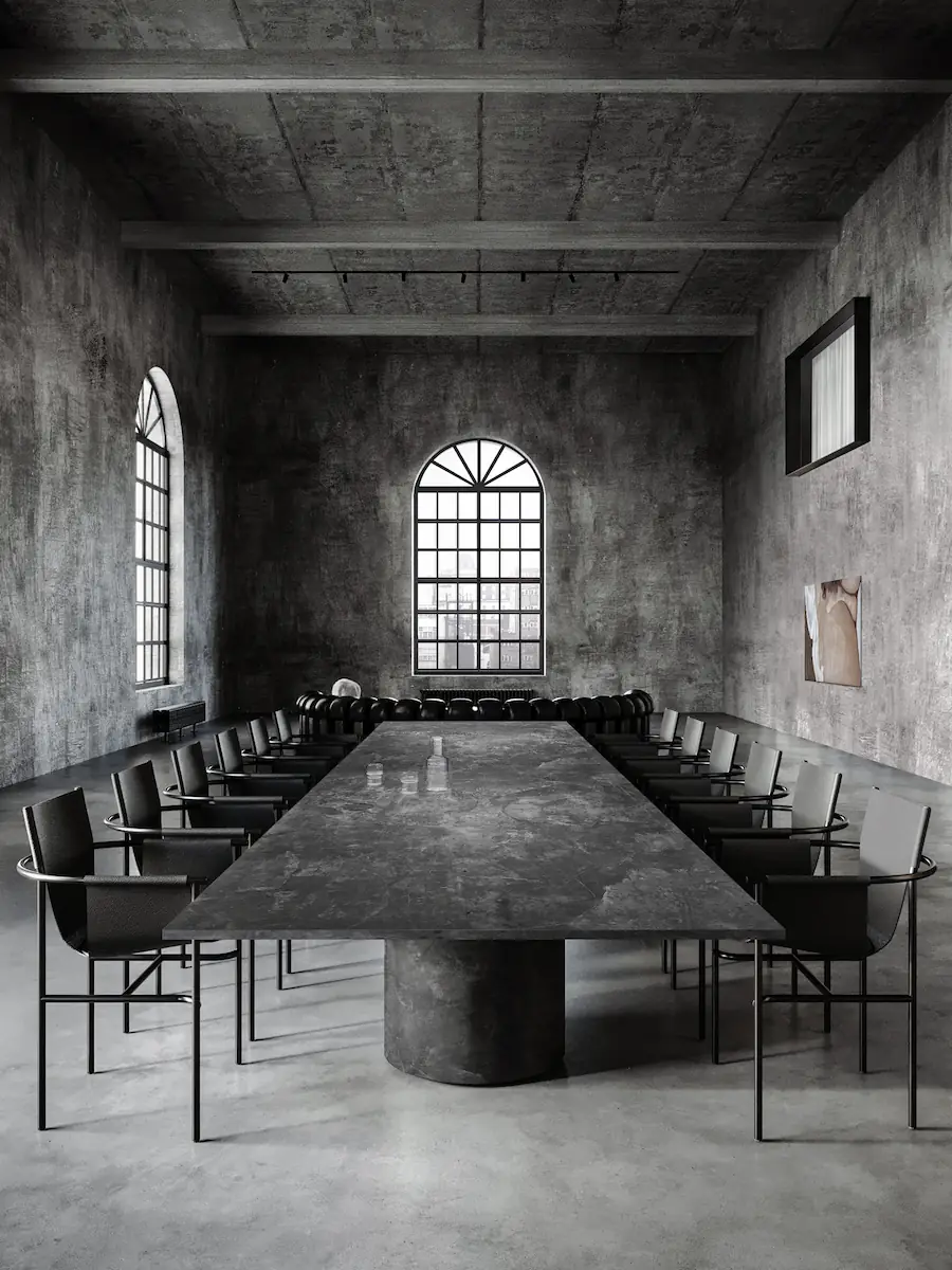 sala da pranzo con cucina moderna in metallo nero sullo sfondo e lampada a parete surrealista