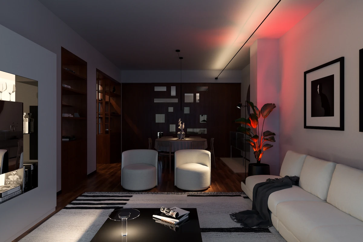 atmosfera notturna con giochi di luce, arredamento moderno in un salotto contemporaneo