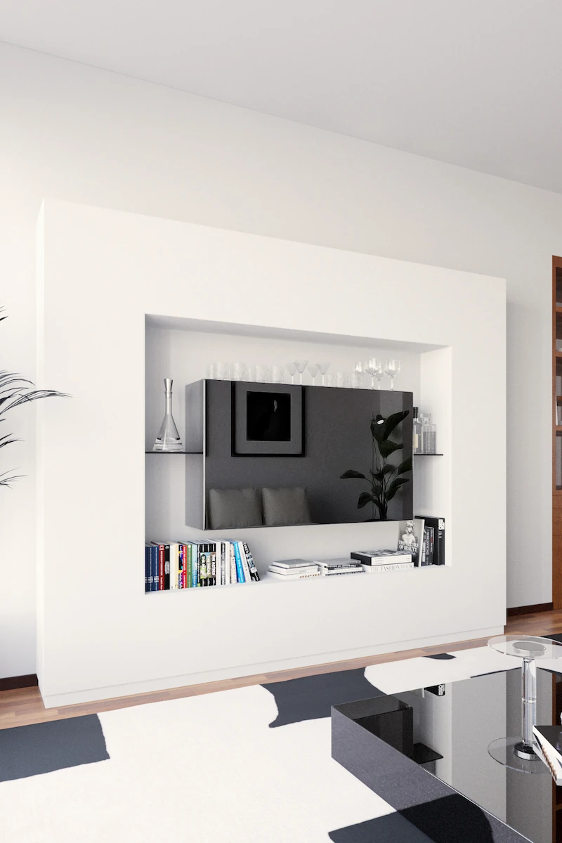 Parete attrezzata bianca in un soggiorno moderno, con nicchia centrale che ospita una TV e mensole in vetro.