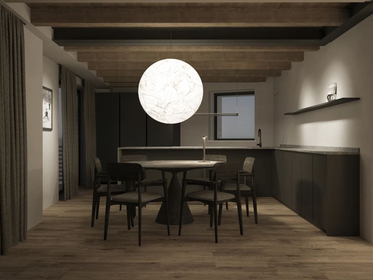 sala da pranzo moderna di montagna con tavolo rotondo, sedie in legno scuro e lampadario di design illuminato