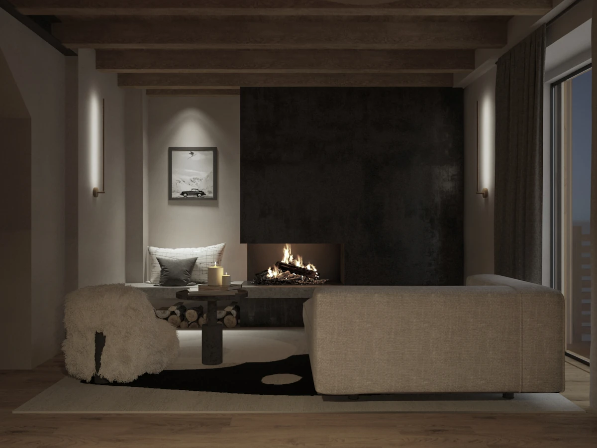 lounge serale con camino moderno acceso e illuminazione moderna