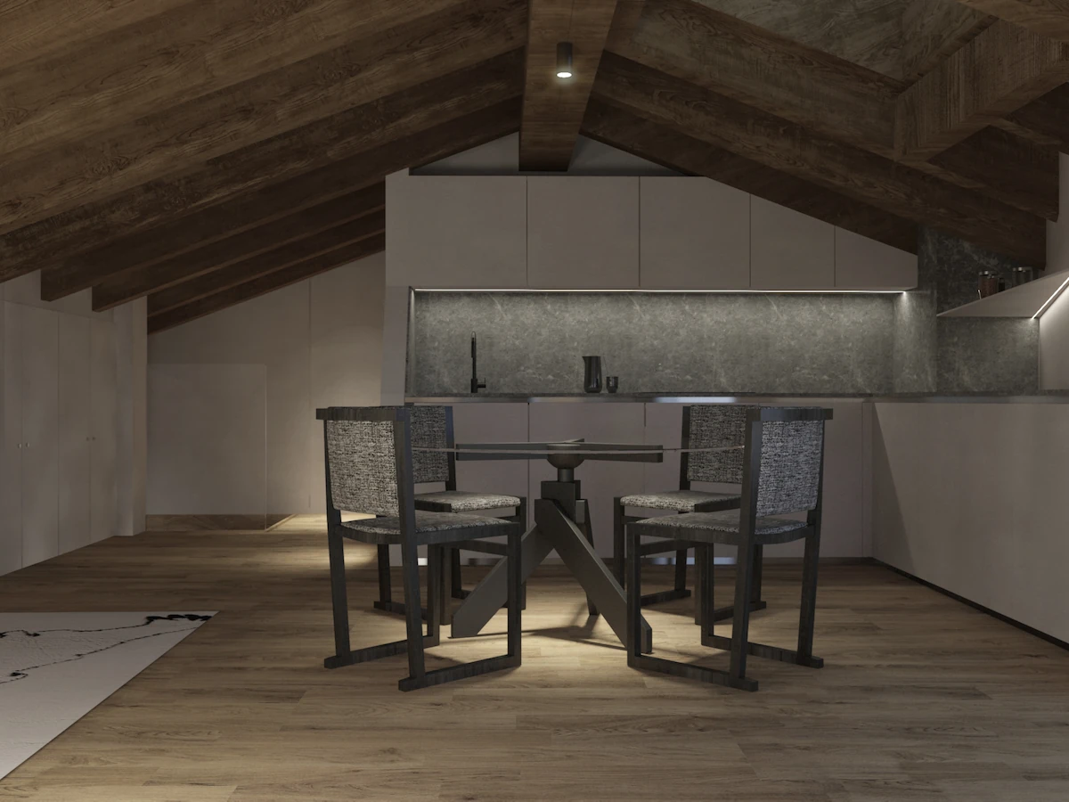 vista serale di una cucina di montagna illuminata da strip led e luce puntuale